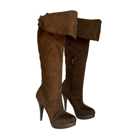 Bebe Brown Suede Over the Knee High Heel Boot with Back Lace-Up Festival Boho 8B - Picture 4 of 10